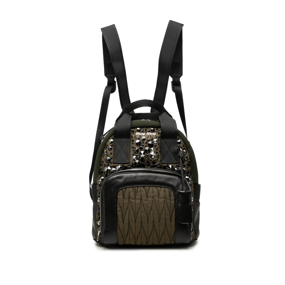 Pre-Loved Miu Miu Leather Trimmed Crystal Embellished Matelasse Nylon Backpack